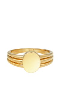 Guldring med en glat, oval formet top og tre parallelle bånd. Overfladen er poleret med en blank finish. Markeret 925.
