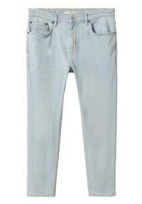 Light blue denim jeans with a slim fit, five-pocket design, and subtle stitching. Features a front button closure and slight fade.