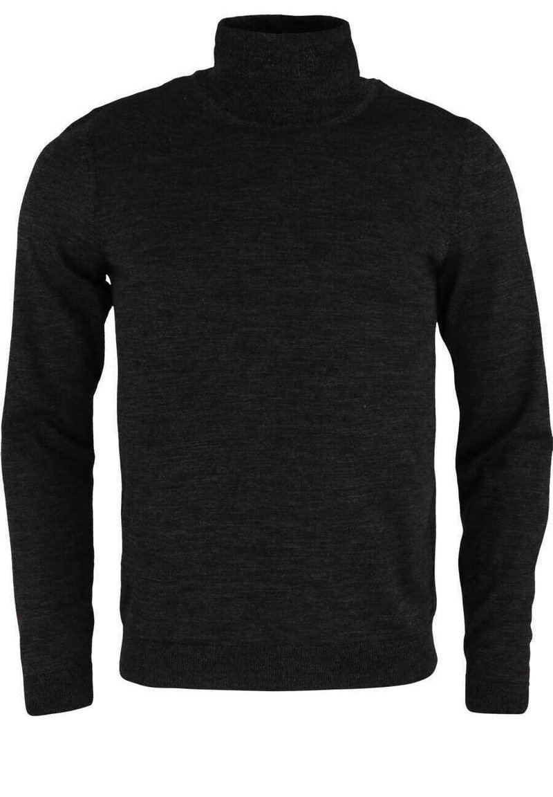 Dunkelgrauer Rollkragenpullover aus strukturiertem Stoff, mit langen Ärmeln und einer figurbetonten Silhouette, ausgestattet mit einem gerippten Kragen und Bündchen.