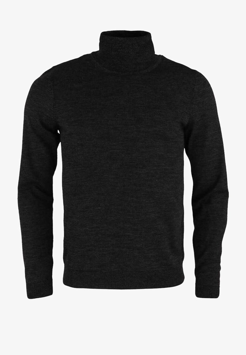 Pull à col roulé gris foncé en tissu texturé, doté de manches longues et d'une silhouette ajustée avec un col et des poignets côtelés.