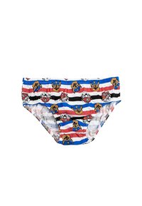 Slip da bagno per ragazzi realizzati in tessuto morbido, caratterizzati da strisce rosse, bianche e blu decorate con personaggi dei cartoni animati di cani. Fascia elastica in vita per una vestibilità comoda.
