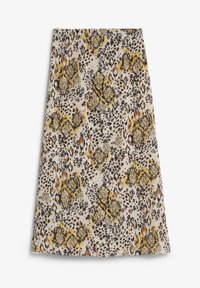 Falda en línea A con un fondo crema y un estampado de leopardo en tonos marrones, amarillos y morados. Textura suave y diseño de longitud media.