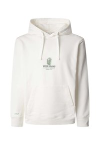 Sudadera blanca con capucha, hecha de material suave, que presenta un logo verde de Pepe Jeans en el pecho y un bolsillo tipo canguro en la parte frontal.