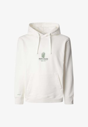 Valge kapuutsiga särk, mis on valmistatud pehmest materjalist, rohelise Pepe Jeansi logoga rinnal ja ees suure kengurupokuga.