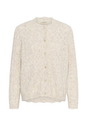Cream cable-knit cardigan with rounded collar, seven buttons, and scalloped hem. Soft texture with a cozy appearance.