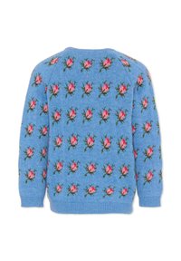 Jasnoniebieski sweter z dzianiny z kwiatowym wzorem przedstawiającym różowe róże i zielone liście. Rękawy raglanowe oraz ściągacze przy mankietach i na dole.