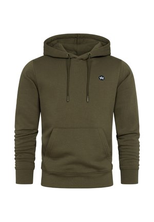 Olivgrön hoodie i bomullsmix, med en känguruficka, justerbar dragsko på huvan och en liten logotyp på bröstet.