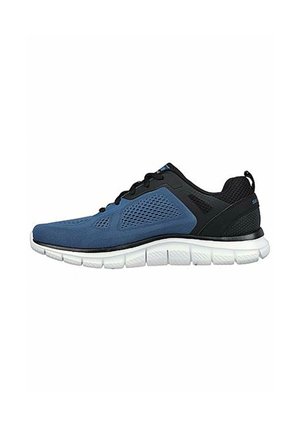 Zapatillas deportivas en azul y negro con una parte superior de malla transpirable, suela blanca acolchada y acentos texturizados en el talón y los lados.