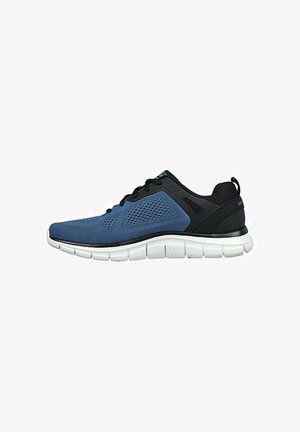 Zapatillas deportivas en azul y negro con una parte superior de malla transpirable, suela blanca acolchada y acentos texturizados en el talón y los lados.