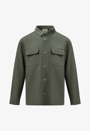 Grünes Hemd mit Knopfleiste, langen Ärmeln, zwei Brusttaschen und klassischem Kragen. Der Stoff ist weich mit glatter Textur und wenigen Nähten.