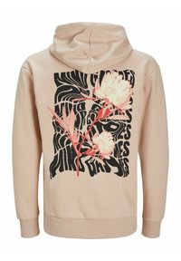 Felpa beige con un motivo decorativo floreale e astratto di colore nero sul retro. Tessuto liscio con cappuccio e polsini a coste.