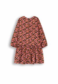 Kwiatowa sukienka z długimi rękawami, ozdobiona różowymi i pomarańczowymi kwiatami na ciemnym tle, z marszczoną spódnicą i zapięciem na suwak z tyłu.