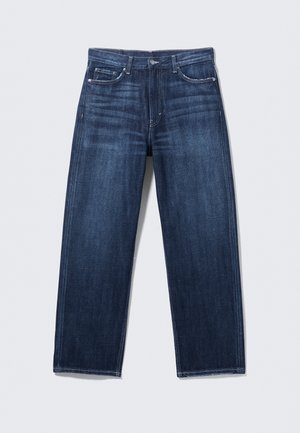 Dunkelblaue Jeans aus Denim mit geradem Schnitt, Fünf-Taschen-Design und leichten Ausbleichungen auf der Vorderseite. Mit Knopf- und Reißverschluss.