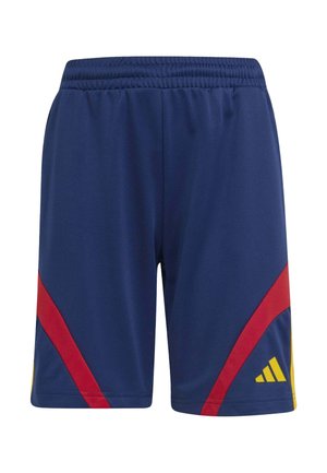Dos niños sonrientes que llevan camisetas deportivas rojas a juego de Adidas con logo amarillo, pantalones cortos azules, calcetines blancos y zapatillas, de pie uno al lado del otro.