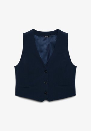 Marineblaue Weste mit V-Ausschnitt, sechs Knöpfen und Seitentaschen. Verfügt über ein glattes, glänzendes Innenfutter.