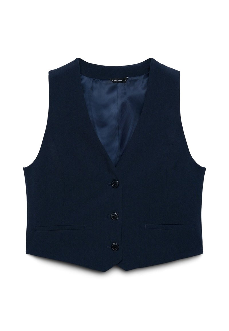 Gilet bleu marine avec un col en V, six boutons et des poches latérales. Doté d'une doublure intérieure lisse et brillante.