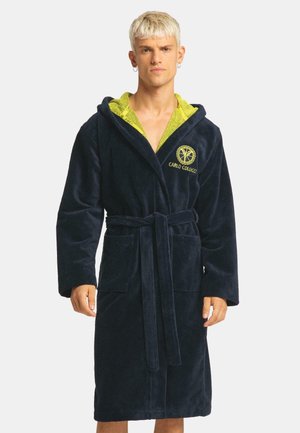 Navy blue plush robe with a hood, featuring a bright yellow inner lining. Includes two front pockets and a tie waist detail.