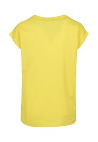 T-shirt jaune à manches courtes avec un col rond, coupe décontractée et tissu lisse et léger. Dos uni sans motifs ni accents.