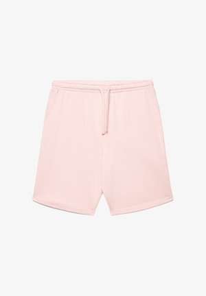 Light pink elastic waist shorts with drawstring and side pockets, knee-length, made of soft fabric.