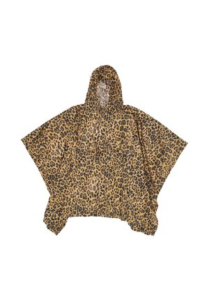 Poncho met luipaardprint, voorzien van een capuchon. Gemaakt van lichtgewicht stof met een beige-zwart patroon, brede mouwen en een open voorkant.