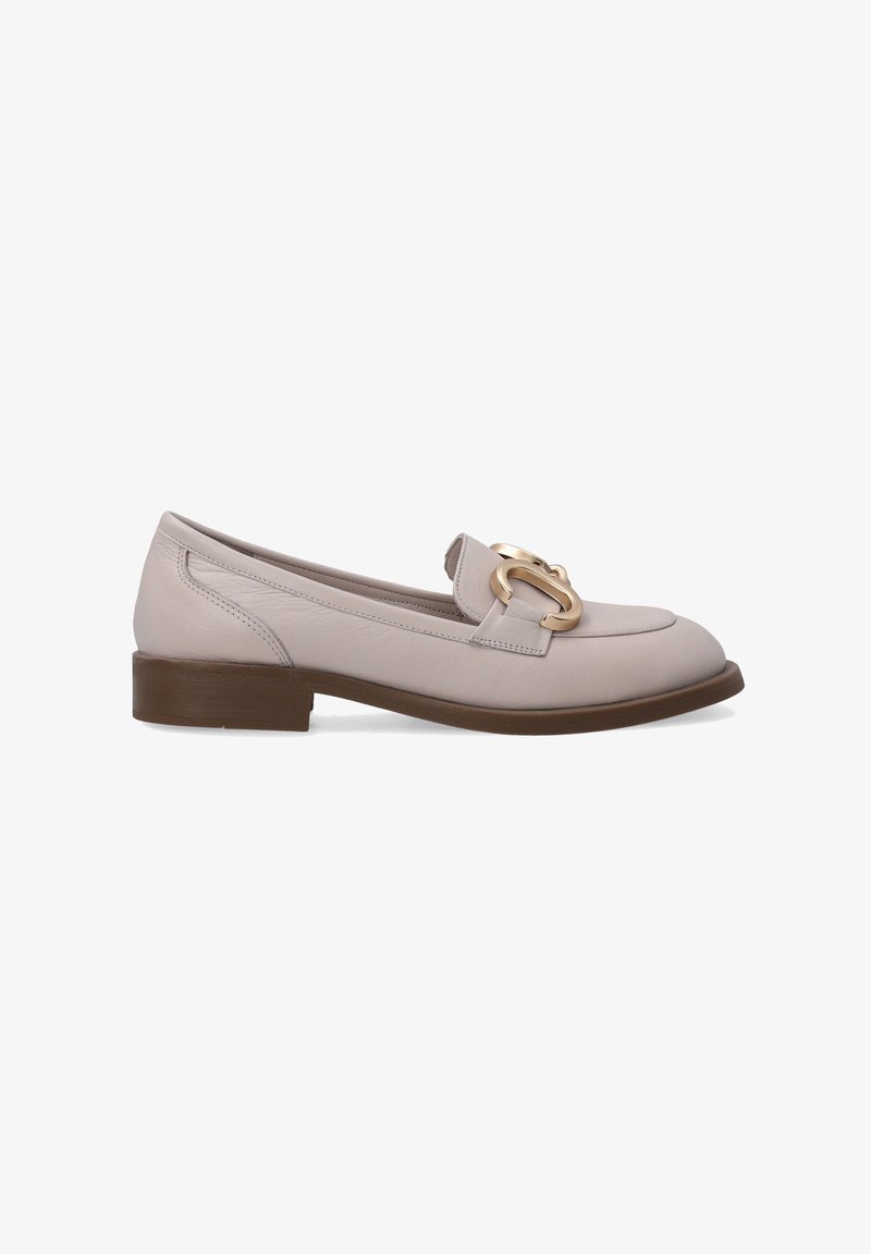 Light beige leather loafers with a rounded toe, small stacked heel, and a prominent gold-tone chain detail on the upper.
