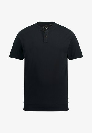 Kortærmet, marineblå polo-shirt lavet af blødt stof, med en placket med tre knapper og ribbet kant og krave for et tætsiddende look.