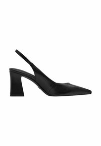 Escarpin slingback en cuir noir avec bout pointu, talon carré, texture lisse et détails minimaux. Hauteur du talon d'environ 6,5 cm.