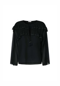 Blusa negra con mangas largas transparentes, frontales con volantes y tachuelas decorativas. Presenta un cierre con lazo y borlas en el escote.