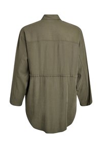 Zeleno-olivová košela-jacket, voľný strih, dlhé rukávy, s golierom, zaoblený lem, jemná textúra, s švom naprieč chrbtom.