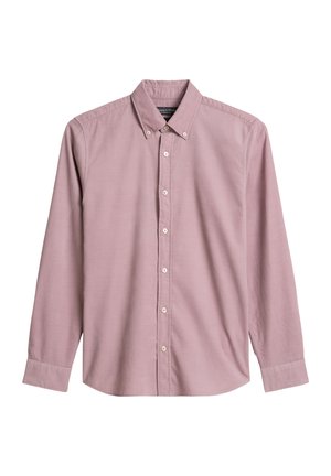 Light pink long-sleeve shirt made from smooth cotton fabric, featuring a button-down collar and white buttons along the front.