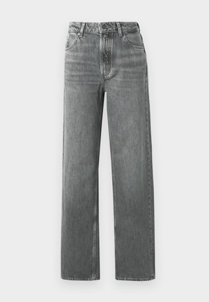 Gray wide-leg jeans made of denim, featuring a high waist, five pockets, and stitching details. The fabric has a faded, textured appearance.