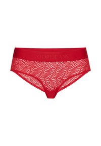 Red lace panties with a wavy pattern, featuring a solid red waistband with embossed text "JOOP! JEANS." Lightweight, sheer fabric.