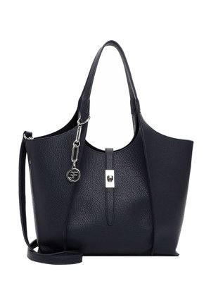 Mustast tekstureeritud nahast käekott kahekordsete sangadega, eemaldatava õlarihma, hõbedase klambri ja sangale riputatud ümmarguse hõbedase ripatsiga.