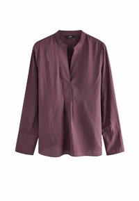 Top a maniche lunghe color prugna in un tessuto leggero e setoso. Presenta un colletto alto e una placca frontale. Taglio semplice con vestibilità rilassata e senza motivi.