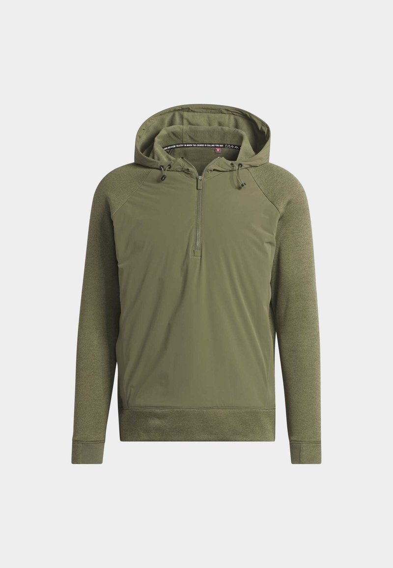 Oliwkowy sweatshirt z kapturem, z zamkiem błyskawicznym z przodu, z raglanowymi rękawami oraz fakturowanym materiałem na ramionach i mankietach.