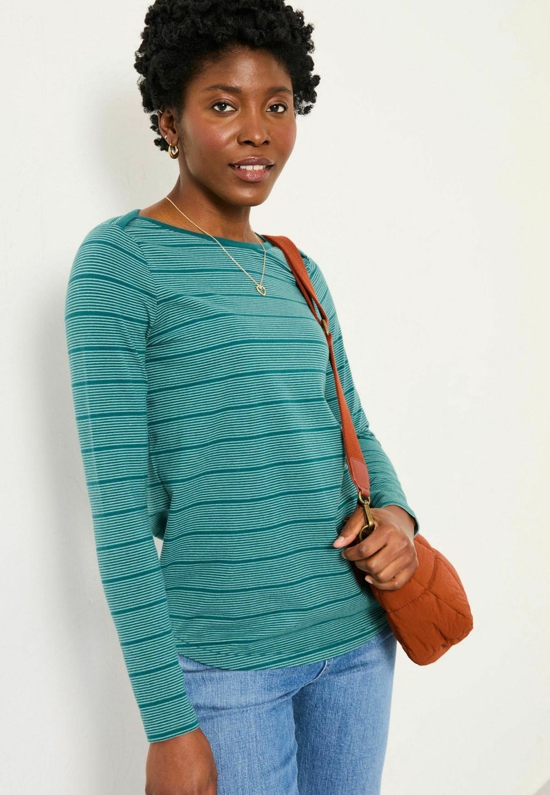 Türkise Langarmbluse mit horizontalen Streifen, kombiniert mit hellblauen Jeans und einer braunen Umhängetasche. Glatte Textur, lässige Passform.