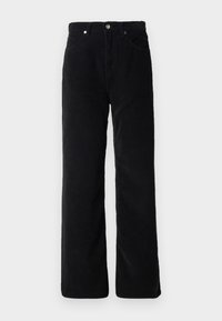 Pantaloni in corduroy neri con design a gamba dritta, dotati di cinque tasche, un bottone metallico frontale e una superficie in tessuto testurizzato.