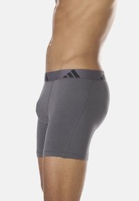 Boxer-briefs gris avec une ceinture élastique noire dotée de trois rayures diagonales. Fabriqués en tissu lisse avec des coutures plates pour plus de confort.