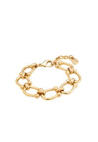 Pulsera de color dorado que presenta formas ovaladas y redondas interconectadas, con una textura suave. Incluye un cierre de langosta y una cadena ajustable.