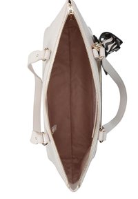Borsa rettangolare beige con doppi manici, hardware dorato e un ampio interno con una fodera liscia di colore marrone chiaro.