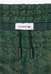 Grønne mønstrede shorts med snøring i livet, merket label og et teksturert, geometrisk design. Størrelse tag viser 36.