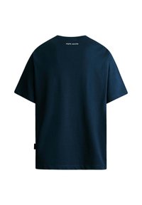 Navy blauwe katoenen T-shirt met een ronde halslijn en korte mouwen. Heeft een logo "PEPE JEANS" gedrukt op de achterkant nabij de nek.