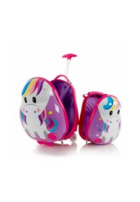 Set di valigie con ruote a tema unicorno, caratterizzato da una combinazione di colori viola e rosa, materiale plastico, design cartone animato e manico telescopico.