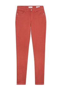 Pantaloni attillati in misto cotone, caratterizzati da un colore ruggine uniforme, design classico a cinque tasche e chiusura zip con bottone in metallo.