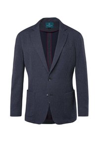 Granatowa marynarka o fakturowanym materiale z wykładanym kołnierzem, dwoma przednimi kieszeniami i kieszenią na piersi. Wnętrze wykończone ciemnym podszewką z bordowym akcentem.