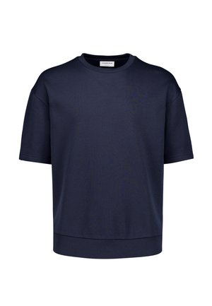 Navy blue short-sleeve crewneck sweatshirt with a relaxed fit and ribbed hem, displayed on a white background.