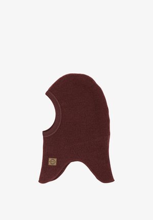 Bordeauxfarbene Fleece-Balaclava mit abgerundeten Kanten, gesticktem Saum und einem Logo-Patch nahe der Unterseite für zusätzlichen Detailreichtum und Markenkennzeichnung.
