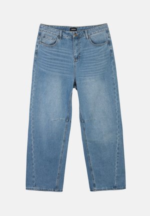 Light blue denim jeans with a relaxed fit. Features five pockets, a zip fly, and a straight leg design. Subtle fading on the fabric.