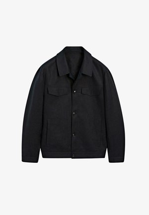 Dark blue jacket made from textured fabric, featuring a collar, two chest pockets, side pockets, and button closure.