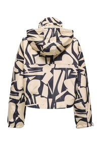 Béžová bunda s kapucňou potlačená čiernymi abstraktnými geometrickými tvarmi po celom povrchu, zobrazená zozadu s dlhými rukávmi a elastickými manžetami.
